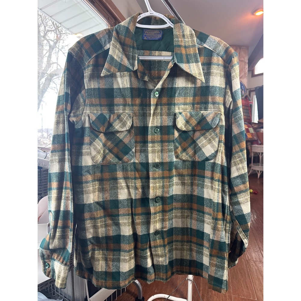 Pendleton Wool Plaid Long Sleeve Button Up Shirt Green Tan Brown Size Medium